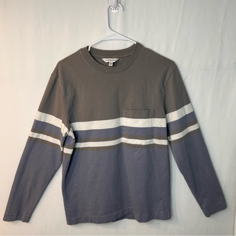 Club Monaco Menβs Long Sleeve Tee 100%Cotton Colorblocked Gray Cream blue Size S
